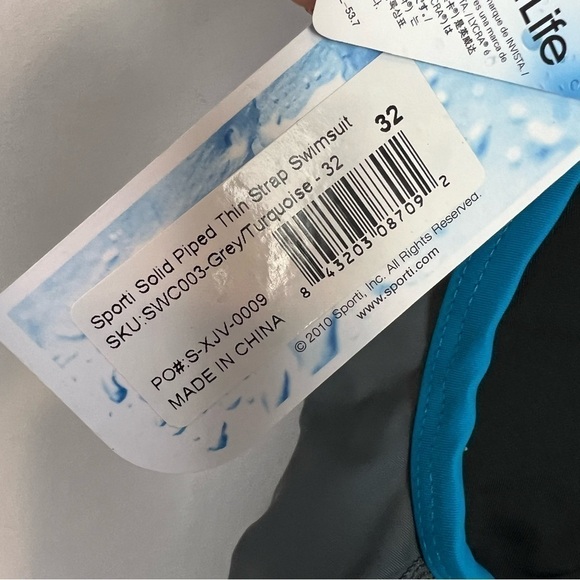 Sporti Swimsuit womens small Solid Piped Thin Strap One Piece Grey/Turquoise - Picture 7 of 8